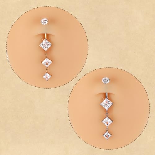 FUNLMO Dangle Belly Button Ring Titanium Belly Rings Belly Button Piercing Cube Zircon Internally Threaded Floating Navel Piercing Jewelry 14G 10mm - color: Silver,Clear CZ