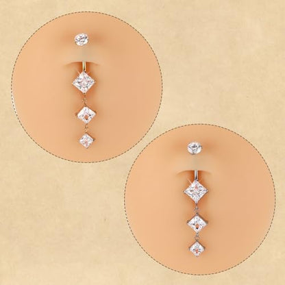 FUNLMO Dangle Belly Button Ring Titanium Belly Rings Belly Button Piercing Cube Zircon Internally Threaded Floating Navel Piercing Jewelry 14G 10mm - color: Silver,Clear CZ