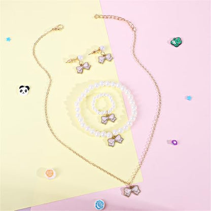 MALOYANVE 4PCS Bow Necklace Earrings Bracelet Ring Set for Women Elegant Bowknot - Adorned Pearl Jewelry Silk Ribbon Necklace Bracelet and Earrings for Christmas - style: Pink Bow