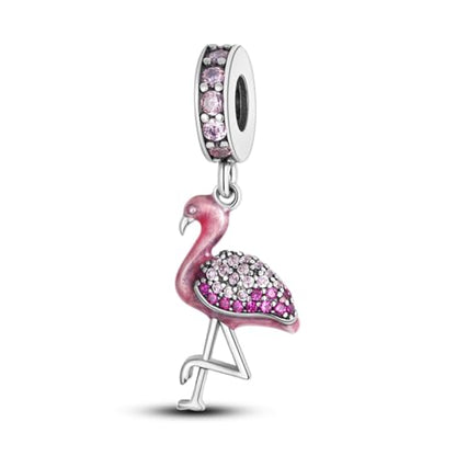 925 Silver Charm for Bracelets Animal Pet Insect Series Women Jewelry Gift - color: Red flamingo