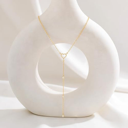 CHESKY Lariat Gold Necklace for Women, Dainty Long Necklace 14k Gold Plated Y-Shaped Pendant Necklace Trendy Layered CZ Beaded Chain Drop Necklaces Simple Gold Jewelry for Women Gifts - color: 10