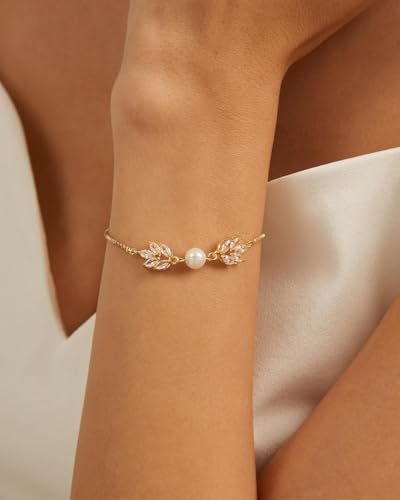 Gold Bracelets for Women Pearl Bracelet 14k Gold/White Gold Plated | Dainty Cubic Zirconia CZ Accented, Bridesmaid Jewelry, Prom Bracelet, Wedding Bracelets for Brides - color: gold-leaf box chain
