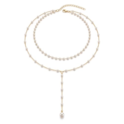 Amaxiu Layered Pearl Necklaces for Women, Y Shape Pearls Necklace for Women | Dainty Layered Faux Pearl Drop Chain Choker, Trendy Dainty Gold Pearls, Layering Necklace Jewelry Gift for Her