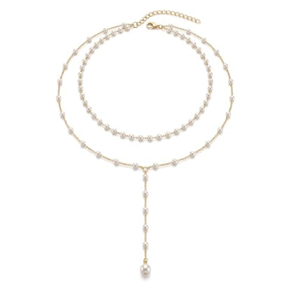 Amaxiu Layered Pearl Necklaces for Women, Y Shape Pearls Necklace for Women | Dainty Layered Faux Pearl Drop Chain Choker, Trendy Dainty Gold Pearls, Layering Necklace Jewelry Gift for Her