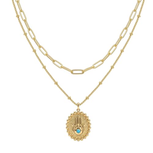 MEVECCO Dainty Pendant Layered Necklaces for Women | 18K Gold Plated Brass, 2-Piece Set With A Choker-Length Upper Layer, Wear Together Or Separately, Refined Everyday Style - style: Layer Oval Hamsa