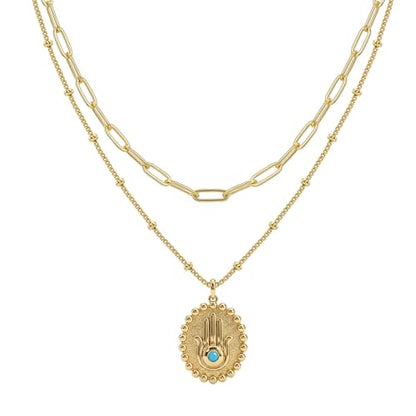 MEVECCO Dainty Pendant Layered Necklaces for Women | 18K Gold Plated Brass, 2-Piece Set With A Choker-Length Upper Layer, Wear Together Or Separately, Refined Everyday Style - style: Layer Oval Hamsa