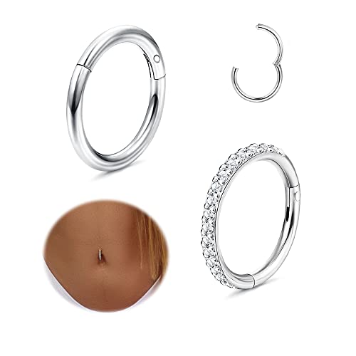 THUNARAZ 14G Hoop Belly Button Rings for Women CZ Clicker Navel Piercing | Surgical Stainless Steel Belly Navel Rings, Hoop Heart Butterfly Dangle Belly Piercing Jewelry - color: Silver Tone-Simple