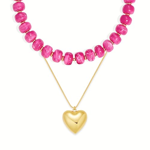YUJIE Chunky Heart Pendant Necklace for Women- Exaggerated Statement Puff Heart Necklace with Acrylic Beaded Chain - color: B-HOT PINK