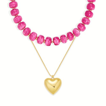 YUJIE Chunky Heart Pendant Necklace for Women- Exaggerated Statement Puff Heart Necklace with Acrylic Beaded Chain - color: B-HOT PINK