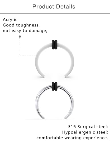 Lcolyoli Large Septum Rings 16G 14G 12G 10G 8G 6G PA Ring Internally Threaded Spike Horseshoe Barbell Stainless Steel & Acrylic Plastic Pincher Tapers C Shape Buffalo Stretcher Expander for Women Men - color: 12G