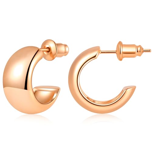 Gamicy Small Gold Hoop Earrings for Women with 925 Stering Silver Post | 14K Gold Plated Hoop Earrings for Women Trendy, Chunky Lightweight Hoops Earrings - color: Rose Gold, size: 15MM