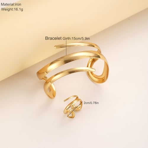 Chunky Gold Bangle Bracelet Ring Set for Women Chunky Wide Cuff Bracelets Trendy Geometric Open Statement Bracelet Ring Set Dainty Minimalist Jewelry - color: Gold