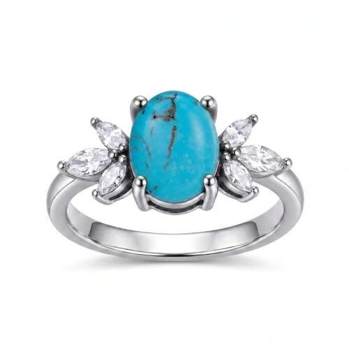 MRENITE Oval Floral Ring for Women S925 Sterling Silver Gemstone Ring for Her Anniversary Birthday Engagement Promise Jewelry Gift - color: Turquoise