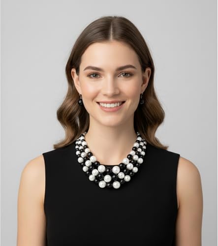 Fashion 21 Women's Faux Pearl Three Multi-Strand Statement Necklace and Earrings Set - color: Black + White