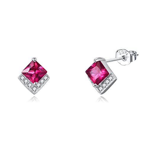 Birthstone Stud Earrings Sterling Silver Square Created Crystal Earrings Cubic Zirconia Hypoallergenic Piercing Jewelry Small Gifts for Women Mothers - color: Jul-Ruby