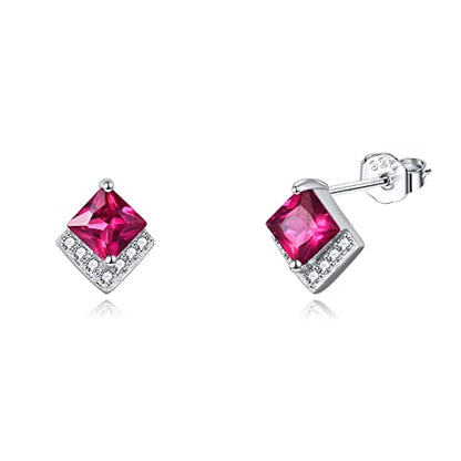 Birthstone Stud Earrings Sterling Silver Square Created Crystal Earrings Cubic Zirconia Hypoallergenic Piercing Jewelry Small Gifts for Women Mothers - color: Jul-Ruby