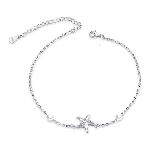 POPLYKE Frog/Pearl/Dragonfly/Ladybug/Highland Cow/Pearl/Moonstone Anklets Sterling Silver Double Layered Chain Beach Anklets for Women Foot Jewelry - style: pearl starfish