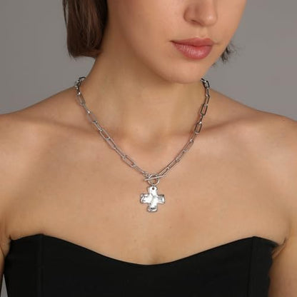 Bheop Chunky Cross Necklace for Women, 14K Gold Silver Statement Necklace | Sturdy Paperclip Chain, Hammered Pendant, Vintage Charm, Trendy Costume Jewelry, Faith Christian Religious Gift, Non Tarnish - style: SL-Toggle Necklace（1 inch Pendant）