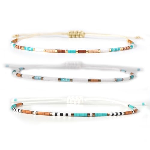 Seed Beaded String Rope Adjustable Bracelets Set for Women Men, Small Colorful Boho Rice 3Pcs Stack Handmade Thin Jewelry, Daily Beach Vacation Friendship Gift - color: Brown Green A