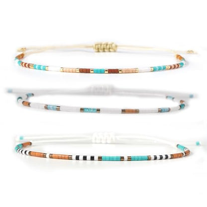 Seed Beaded String Rope Adjustable Bracelets Set for Women Men, Small Colorful Boho Rice 3Pcs Stack Handmade Thin Jewelry, Daily Beach Vacation Friendship Gift - color: Brown Green A