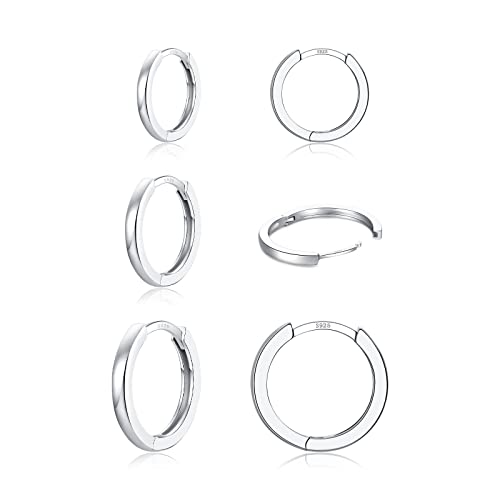 3 Pairs 925 Sterling Silver Small Huggie Hoop Earrings for Women Men | 14K White Gold Plated, Hypoallergenic, Small Silver Hoops - color: A-Silver 8/10/12mm