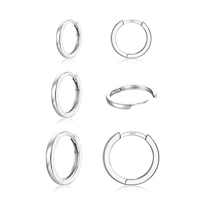 3 Pairs 925 Sterling Silver Small Huggie Hoop Earrings for Women Men | 14K White Gold Plated, Hypoallergenic, Small Silver Hoops - color: A-Silver 8/10/12mm
