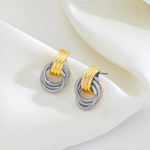 Gold Chunky Earrings for Women Geometric Knot Link Drop Dangle Earrings 14K Gold Plated Statement Earrings Trendy Gold Jewelry - color: Style 8-Two Tone