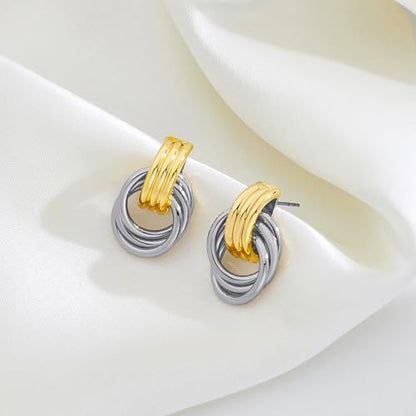 Gold Chunky Earrings for Women Geometric Knot Link Drop Dangle Earrings 14K Gold Plated Statement Earrings Trendy Gold Jewelry - color: Style 8-Two Tone