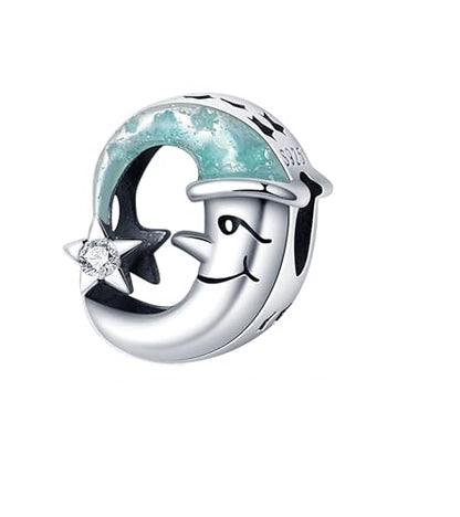 Flower Crab Orca Birthday Athlete Family Tree Safety Chain Cat Dog Bead Pendant 925 Sterling Silver Dangle Compatible With Pandora Moments Charm Bracelet - style: Goodnight Moon Star Sky Pyjama Bead