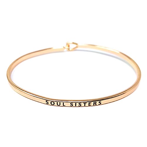 by you Inspirational Positive Message Engraved Thin Cuff Bangle Hook Bracelet - color: Soul Sisters-Rosegold