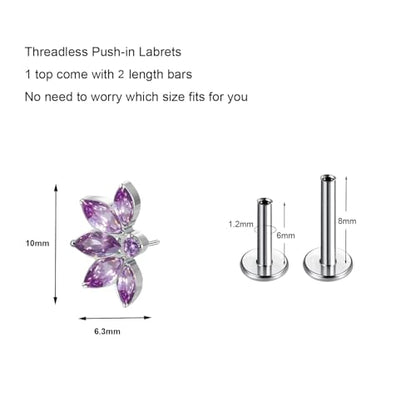 1pcs 16G 18G G23 Titanium Threadless Labret Studs Push-in Labret Lip Cluster Tragus Helix Conch Lobe Rook Cartilage Push Back Piercing Jewelry Earring - style: 5 eye-Purple