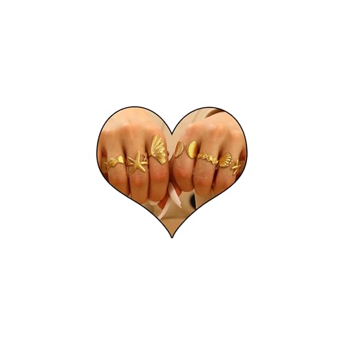 Chunky Gold Shell Starfish Ring Set for Women Trendy Gold Flower Scallop Seashell Starfish Gemstone Rings Adjustable Stacking Statement R-ings Non Tarnish Spring Summer Jewelry Accessories - color: A5:6 pcs