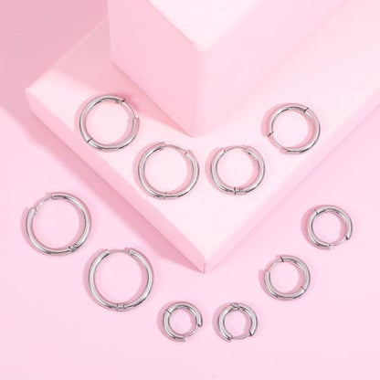 5 Pairs Solid Titanium Hoop Earrings Silver Small Stainless Steel Hoop Earrings 8mm 10mm 12mm 14mm 16mm Huggie Earring Hoops for Women Men