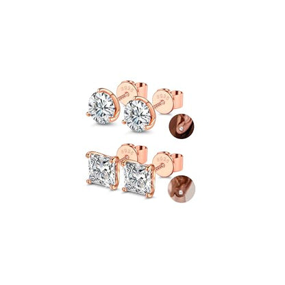 2 Pairs "STUNNING FLAME" 925 Sterling Silver 18K Real Gold Plated Stud Earrings for Women Men 5A Brilliant Princess Cut Round Cubic Zirconia - Hypoallergenic Large CZ Studs Earring Set 8 CTW (2ct*4) - color: 14K Rose Gold - 8.0 Carat(2.0ct*4)