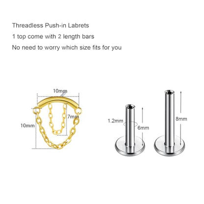 BelezaDosas G23 Titanium Labret Studs Threadless Push-in Labret Press Fit 16G Cluster Helix Lobe Conch Tragus Push Back Piercing Jewelry - style: gold 2 chain