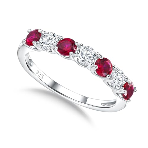 3.5mm Stackable Rings S925 Sterling Silver Created Birthstone & Cubic Zirconia Ring for Women Wedding Bands Anniversary Birthday Jewelry Size 6 to 10(with Box) - color: 07-Created Ruby & CZ-Jul
