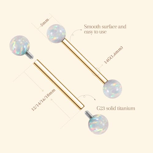 AROWRO Nipple Piercing Jewelry G23 Titanium Nipple Rings Tongue Rings Nipple Bar 14G Internally Threaded Straight Barbells Bridge Piercing Jewelry 12mm-20mm - color: Gold+White Opal