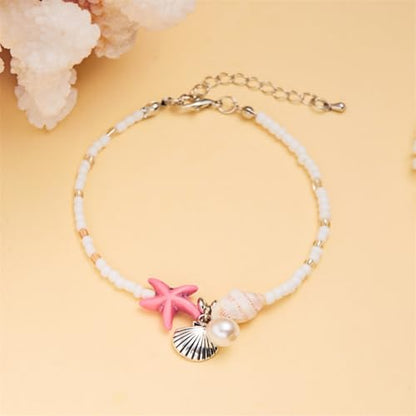 Shell Starfish Bracelet Seahorse Conch Starfish Sea Shell Pearls Charm Stone Bracelet Statement Bohemian Sea Themed Beach Jewelry for Women - color: Pink A