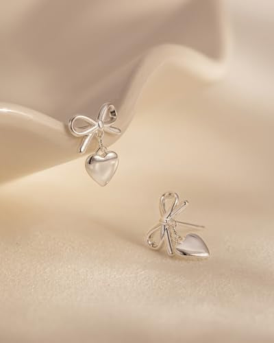 Stud Earrings for Women- 14K Gold/White Gold Plated/Black Bow Dragon Softball Snake Bat Stud Earrings - color: Silver Bow Heart