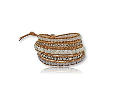 MGR MY GEMS ROCK! 35-Inch Long Multi-Layer Hand Crafted Gemstone and Crystal Multi-Stone Beaded on Genuine Leather Boho Style Stackable Super Wrap Bracelet, up to 5 Wraps.