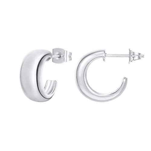 PAVOI 14K Gold Plated Thick Dome Huggie Earrings for Women - 925 Sterling Silver Posts Small Wide Round Hoop Earrings - color: White Gold