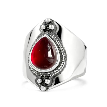 Natural Waterdrop Stone Wide Band Ring,Sterling Silver Genuine Teardrop Crystal Quartz Gemstone Statement Wide Chunky Full Finger Band Ring for Women - color: A01_Garnet