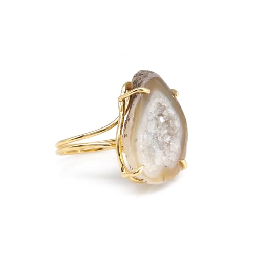 Elegant Geode Druzy Gemstone Statement Ring for Women, Adjustable Ring, Gold Plated Stone Size 20-25mm - color: Beige, style: 1