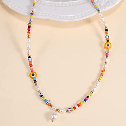 Wellike Freshwater Pearl Beaded Necklace for Women Handmade Boho Colorful Glass Beads Choker Necklace Stainless Steel 18K Gold Plated Bohemian Women Summer Jewelry Gifts - color: KKWX1150