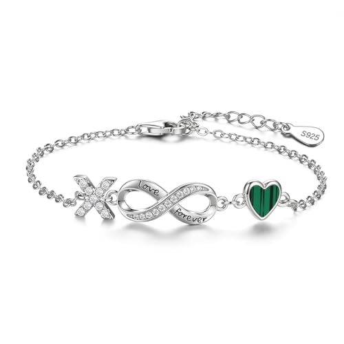 925 Sterling Silver Adjustable Letter Bracelets Infinity Heart Emerald Charm Link Bracelet ，Personalized Charm Alphabet Jewelry Valentines Christmas Mother’s Day Birthday Gifts - color: X