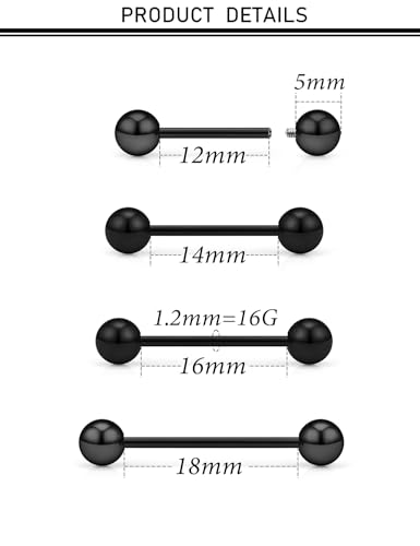 16G 14G 12G Black Nipple Piercings Tongue Rings Externally/Internally Threaded Hypoallergenic 316L Surgical Steel Nipple Tongue Barbell Piercing Jewelry for Women Men 12mm 14mm 16mm 19mm 22mm - color: 14G/Internally Threaded/12mm-18mm Bars/5mm Balls