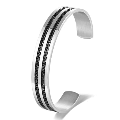 Stainless Steel Cuff Bracelet with Inlaid Chain,Sleek Open Bangle - color: Silver Cuff with Double Black Chain