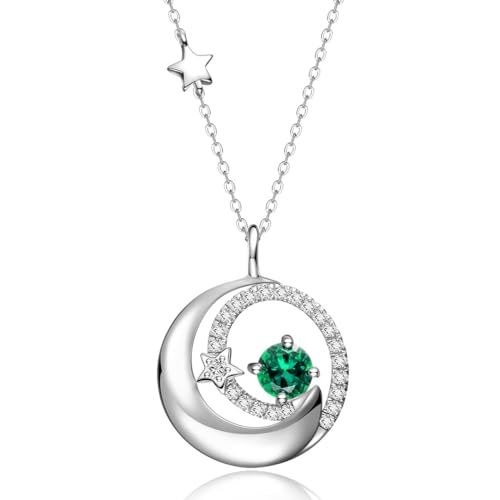 FANCIME Birthstone Necklaces 925 Sterling Silver Moon and Star Pendant Fine Jewelry Birthday Mothers Day Gifts for Mom Wife Her Daughter, Adjustable Chain 16+2" - color: May-Emerald