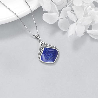 YAFEINI Teardrop Necklace Sterling Silver Filigree Irish Pendant Necklace Natural Stone Moonstone/Lapis Lazuli/Larimar/Moss Agate Necklace Jewelry - color: Lapis Lazuli teardrop necklace