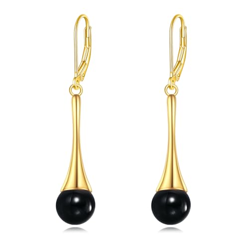 Sterling Silver Black Onyx Earrings for Women 18K Yellow Gold Plated Jewelry Gifts - style: Dangle with Ball Bead